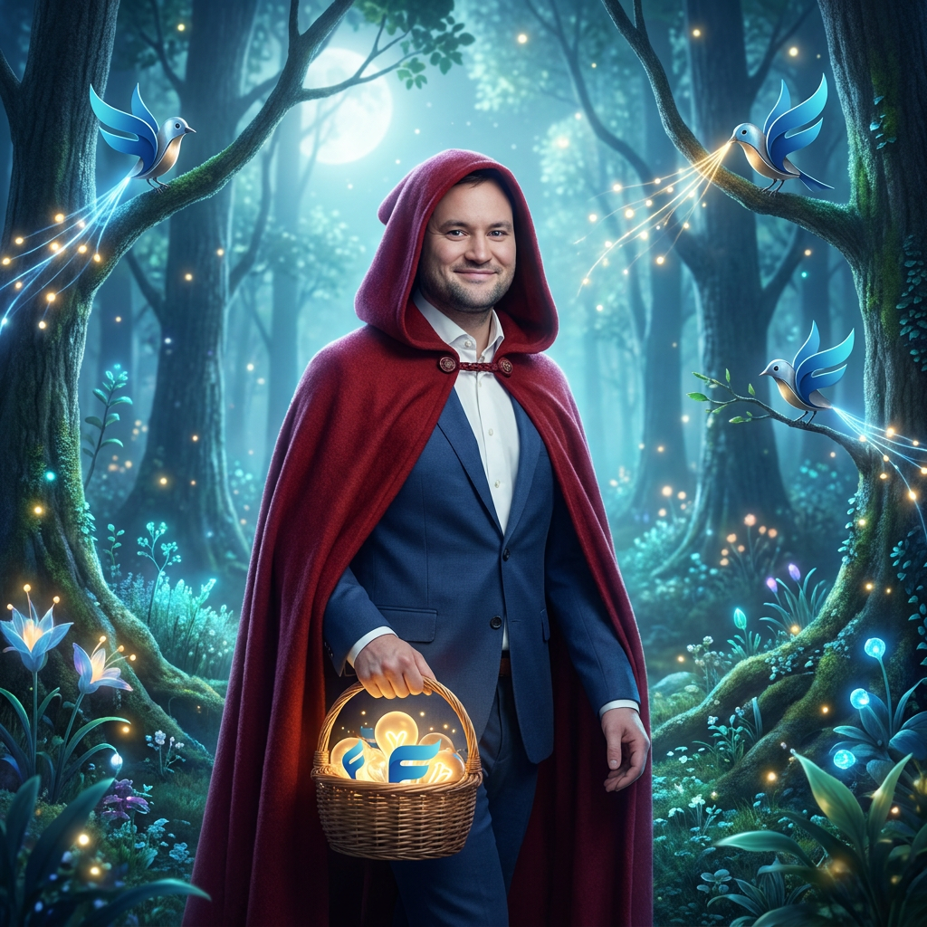 Jethro as Little Red Riding Hood in a moonlit forest